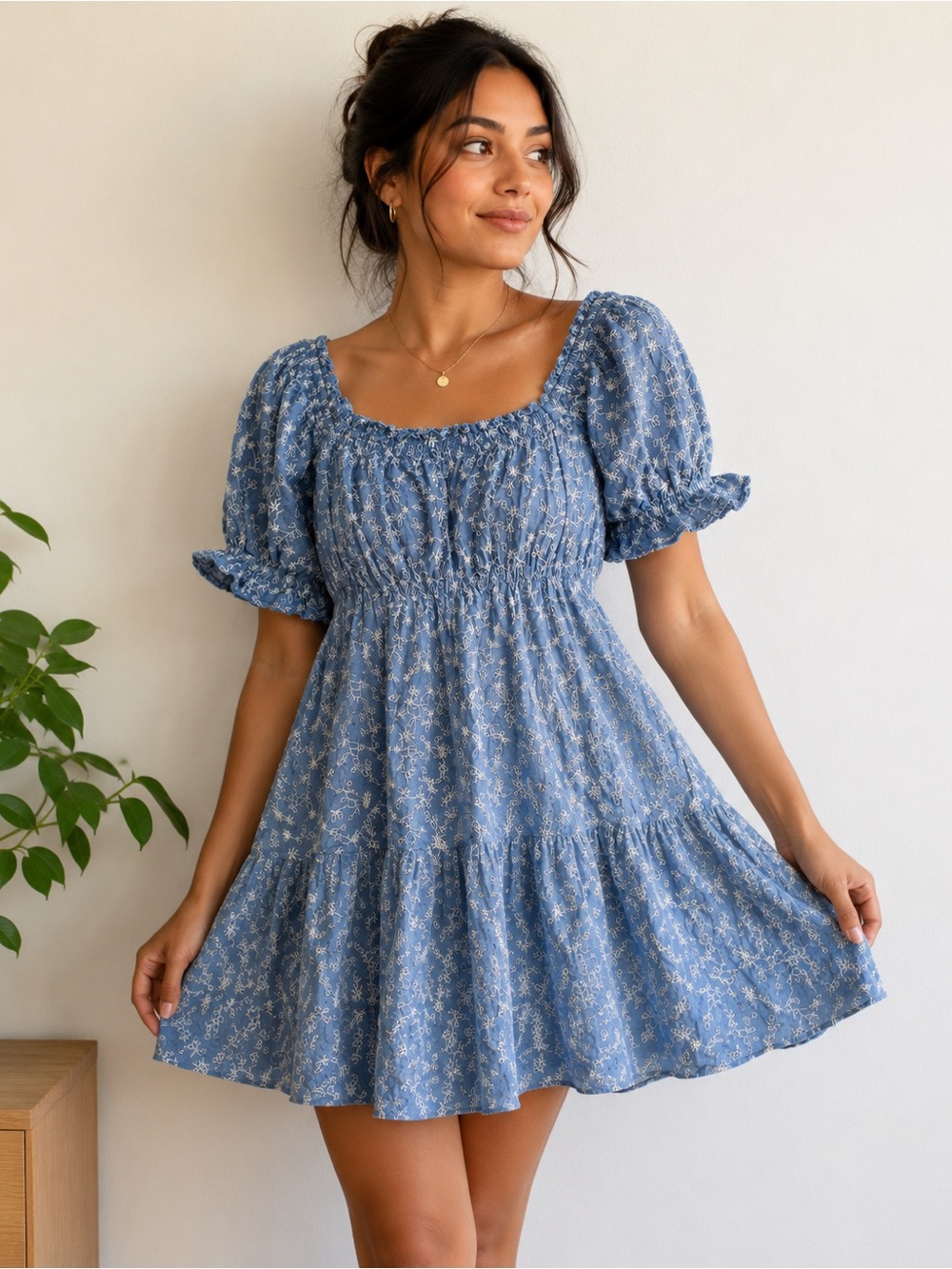 Old Navy Blue Floral Smocked Puff-Sleeve Mini Dress